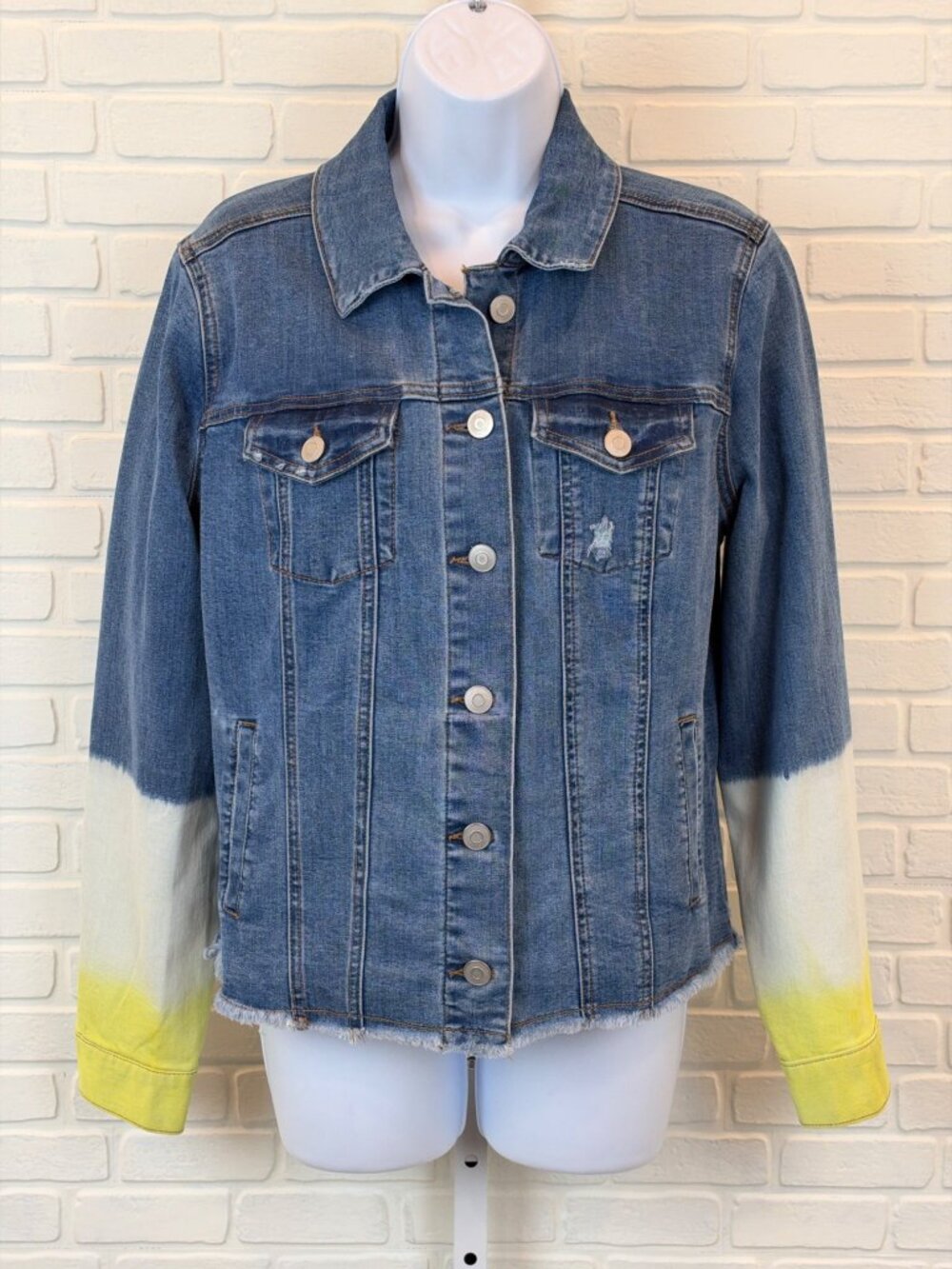 Baccini Denim Trucker Jacket Dip-Dye Yellow Ombre Sleeves Medium